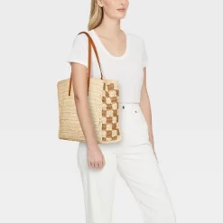 Straw Packable Checker Boxy Tote Handbag - Universal Thread™ Beige