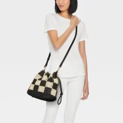 Straw Checker Drawstring Crossbody Bag - Universal Thread™ Black: Knit, Unstructured, Paper & Straw