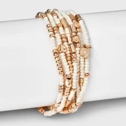 Heart Beaded Bracelet Set 7pc - Universal Thread™ Ivory: Pull-On Stretch Bracelets, Glass & Acrylic, Heart Shape, 2.2" Length