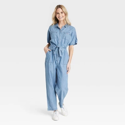 Women's Button-Front Short Sleeve Boilersuit - Universal Thread™ Indigo 3 Women's Button-Front Short Sleeve Boilersuit - Universal Thread™ Indigo - Image 3
