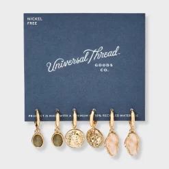 Labradorite Stone And Coin Hoop Earring Set 3pc - Universal Thread™ Gold