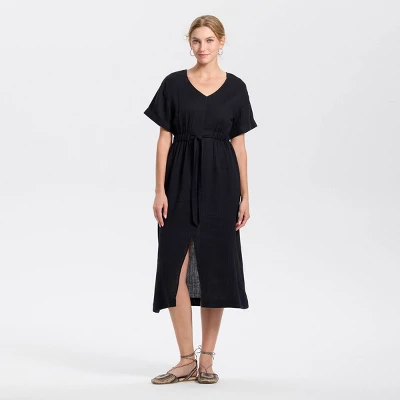 Women's Short Sleeve Tie-Front Slit Midi A-Line Dress - Universal Thread™ Black 3 Women's Short Sleeve Tie-Front Slit Midi A-Line Dress - Universal Thread™ Black - Image 3