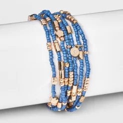 Floral Beaded Bracelet Set 7pc - Universal Thread™ Blue: Glass Acrylic Zinc Alloy Stretch Jewelry