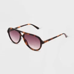 Women's Tortoise Print Shiny Plastic Metal Aviator Sunglasses - Universal Thread™ Dark Brown