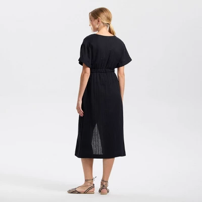 Women's Short Sleeve Tie-Front Slit Midi A-Line Dress - Universal Thread™ Black 1 Women's Short Sleeve Tie-Front Slit Midi A-Line Dress - Universal Thread™ Black