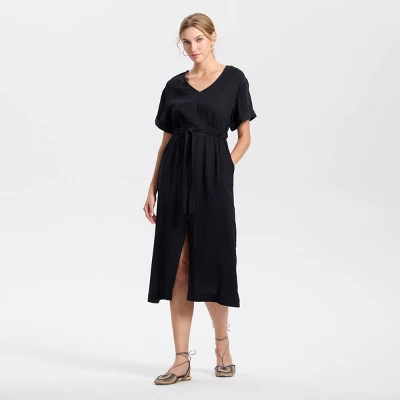 Women's Short Sleeve Tie-Front Slit Midi A-Line Dress - Universal Thread™ Black 2 Women's Short Sleeve Tie-Front Slit Midi A-Line Dress - Universal Thread™ Black - Image 2