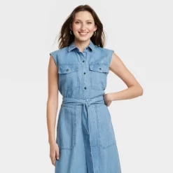 Women's Sleeveless Denim Collared Button-Down Shirt - Universal Thread™ Indigo -Universal Thread Shop GUEST fce5591e 63e2 4137 8b11 a0796c77a0c4
